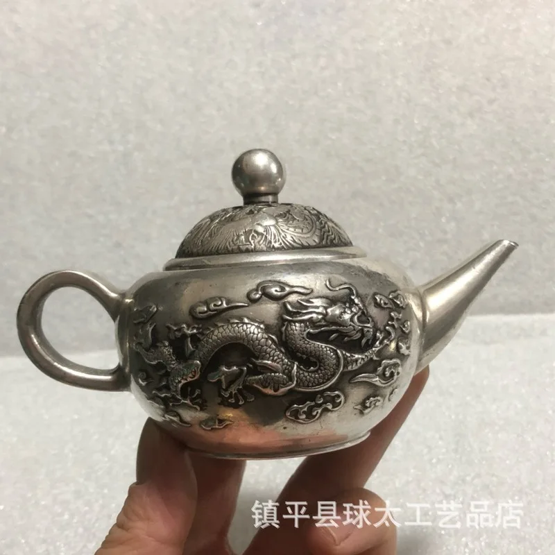 Antiqued Qing Dynasty Qianlong Era , Silver-Plated Bronze, Embossed Dragon and Phoenix Pot, Craft Ornament