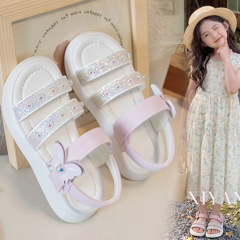 

Little Girls Double Straps Sandals with Sparkly Sequins 2026 New Summer Chunky Beach Shoes Non-slip Trendy Comfort Outdoor Play