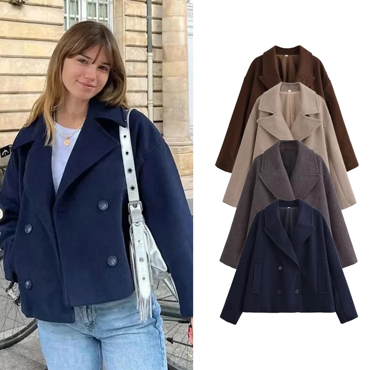 

Women Solid Double-Breasted Short Woolen Coat Female Autumn Winter Long Sleeve Casual Outerwear Lady Fashion Jackets Streetwear