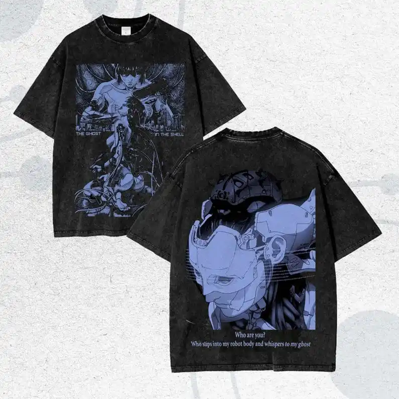 Ghost in The Shell Print Men Women Oversize Y2k Short Sleeve Vintage Sci-fi Japanese Cartoon Washed T-shirt Femael Male Clothing
