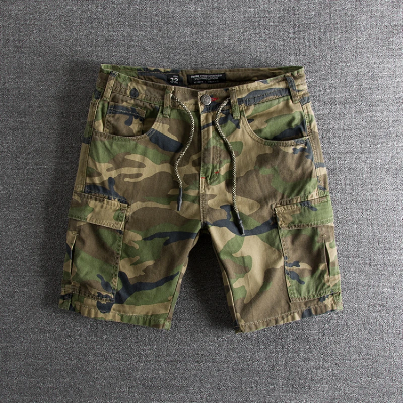 Summer New American Retro Camouflage Cargo Shorts Men\'s Fashion 100% Cotton Washed Drawstring Multi-pocket Casual 5-point Pants