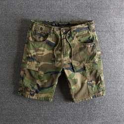 Summer New American Retro Camouflage Cargo Shorts Men's Fashion 100% Cotton Washed Drawstring Multi-pocket Casual 5-point Pants