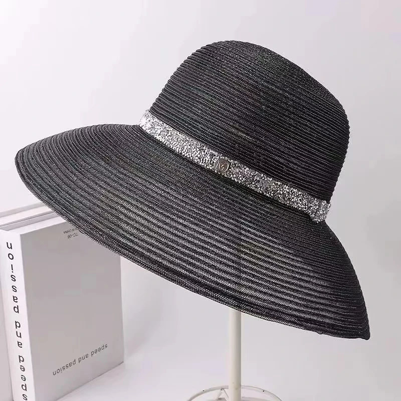 Summer Fashion Transparent Silk Elegant Wide Brim Beach Hat Hepburn Style Rhinestone Belt Sun Hats Female Foldable Anti-UV Sun