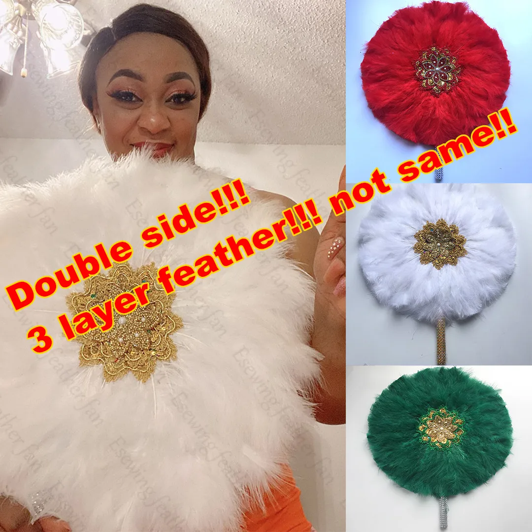 1pc African Eventaille Mariage Fan White Turkey Feather Fan and Gold Handle Nigerian Dance Bridal Fans for Wedding