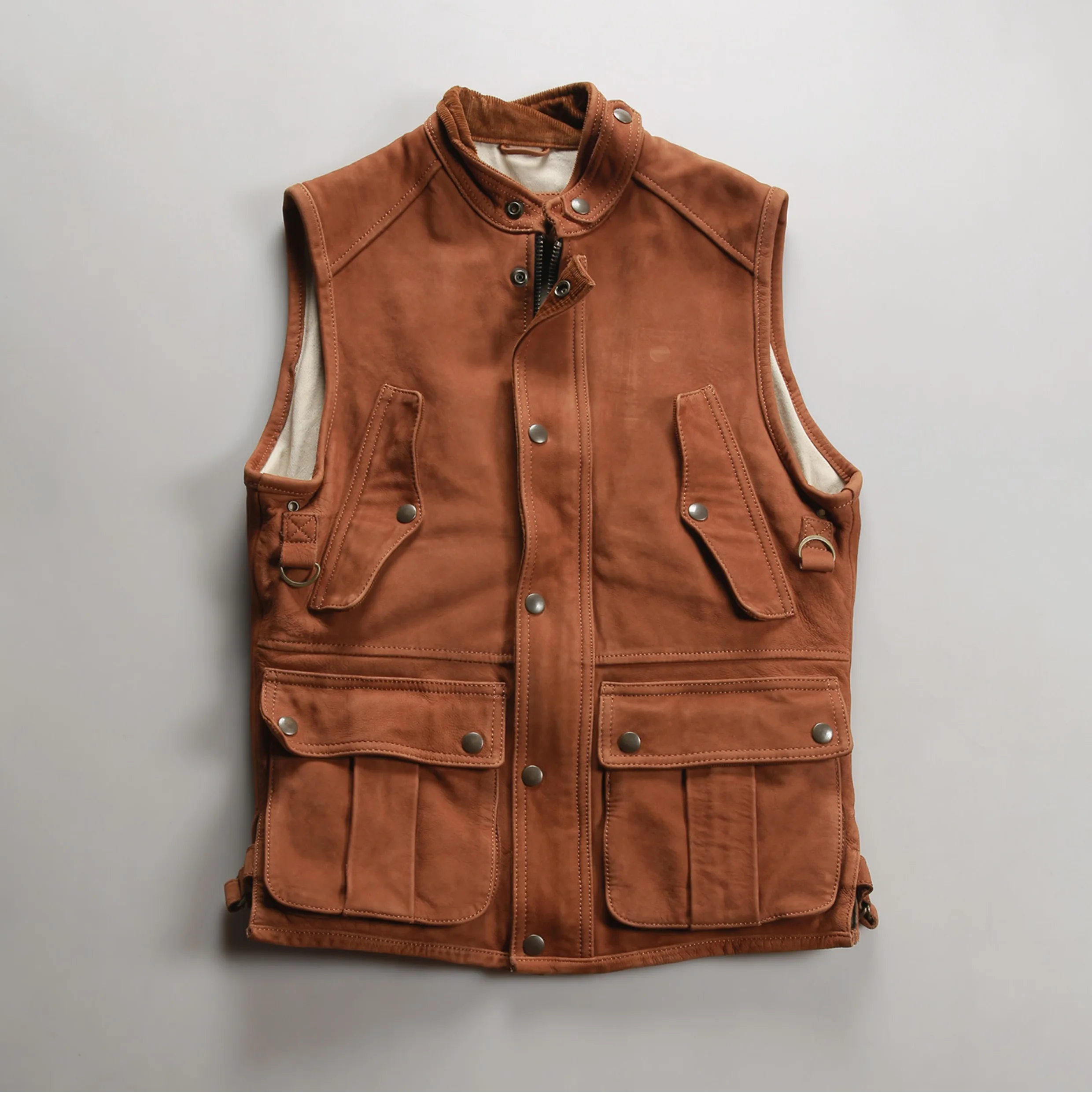 Brown Four Seasons Leather Vest Men Retro Style Plus Size 5XL Genuine Natural Sheepskin Stand Collar Hunter Safari Vest