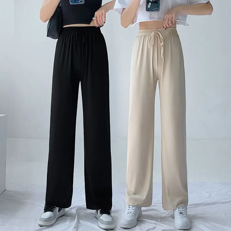 Slimming High Waist Women Black Ice Silk Flared Pants with Fluid Drape Straight Cut Floor-Length Summer Lightweight New Style