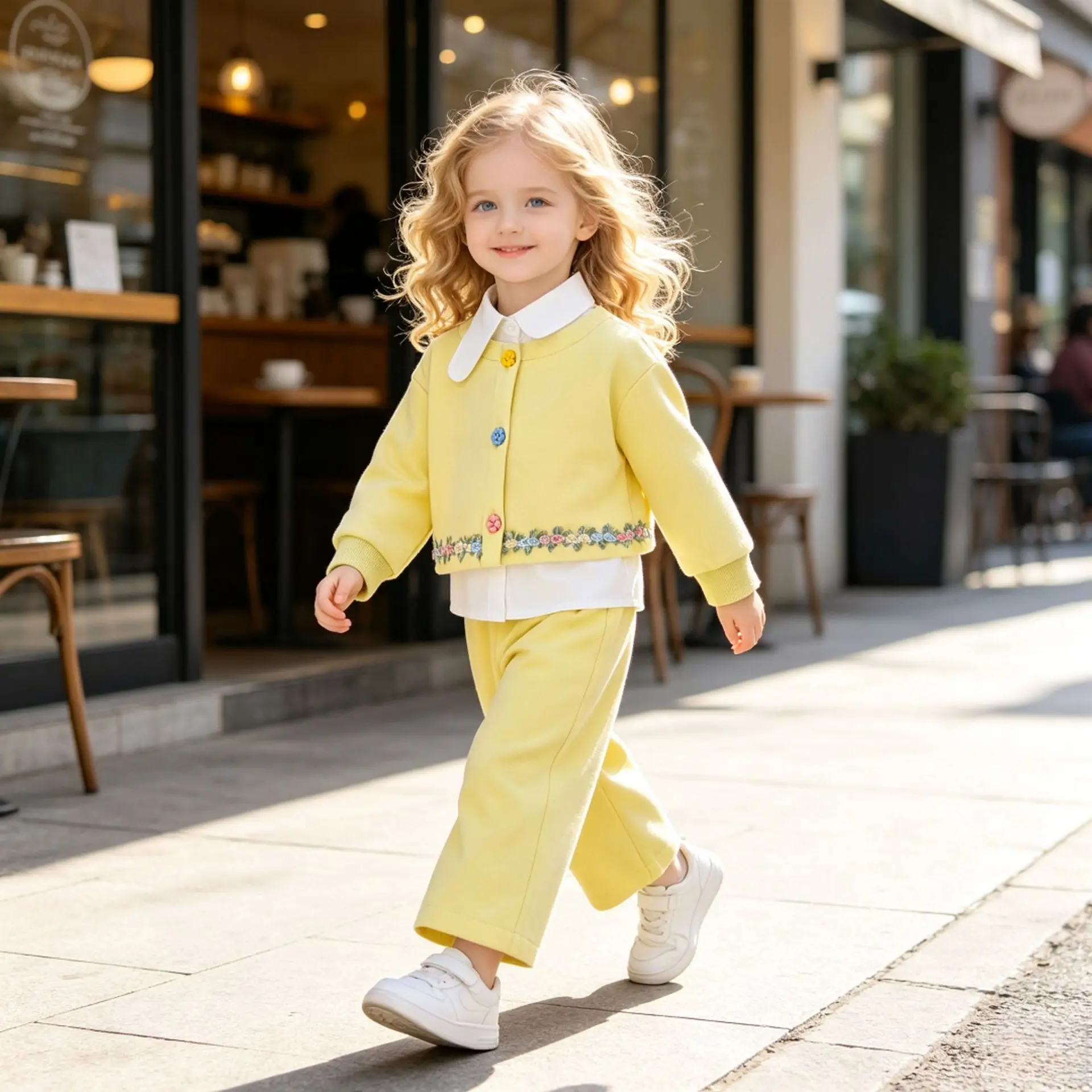 Little Girls 3‑Piece Outfit Embroidery Coat Shirt Wide Leg Pants Set Kids Autumn Casual Tracksuit Children Clothing Set 90‑130cm