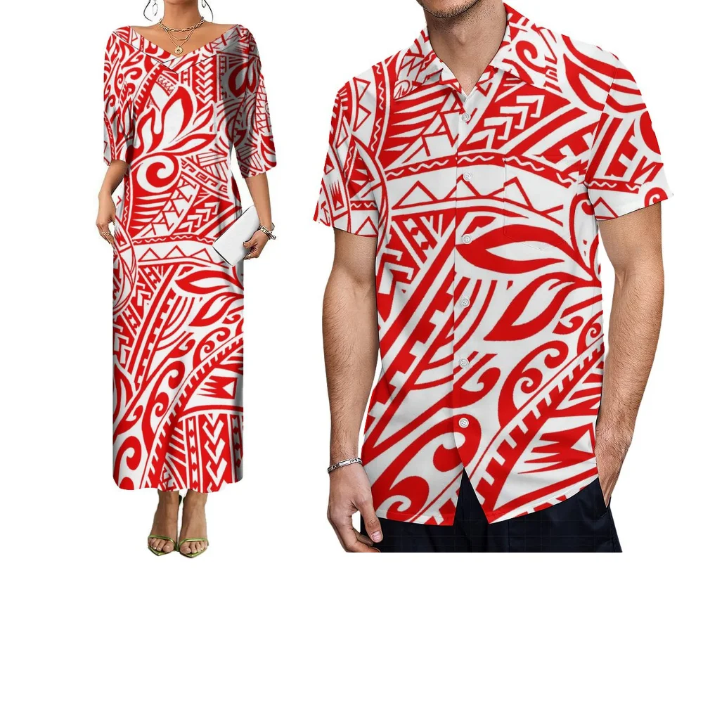 ملابس زوجين صيفية منعشة بأكمام قصيرة، قمصان رجالية بولينيزية بطبعات زهور، فساتين برقبة على شكل حرف V مصنوعة خصيصًا للنساء
