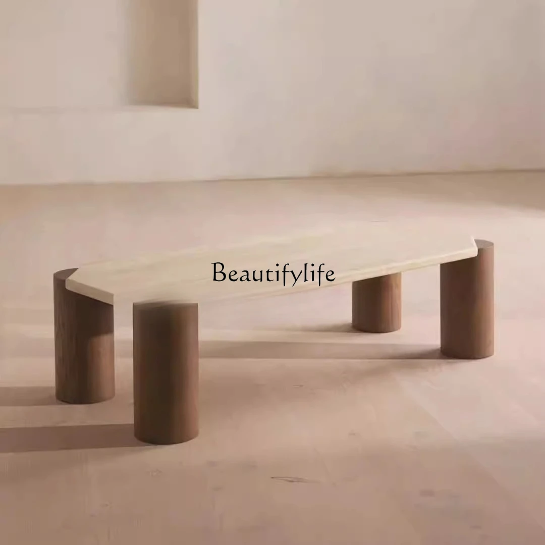 

Wabi Sand wind travertine coffee table medium and ancient style solid wood small apartment household retro marble tea table