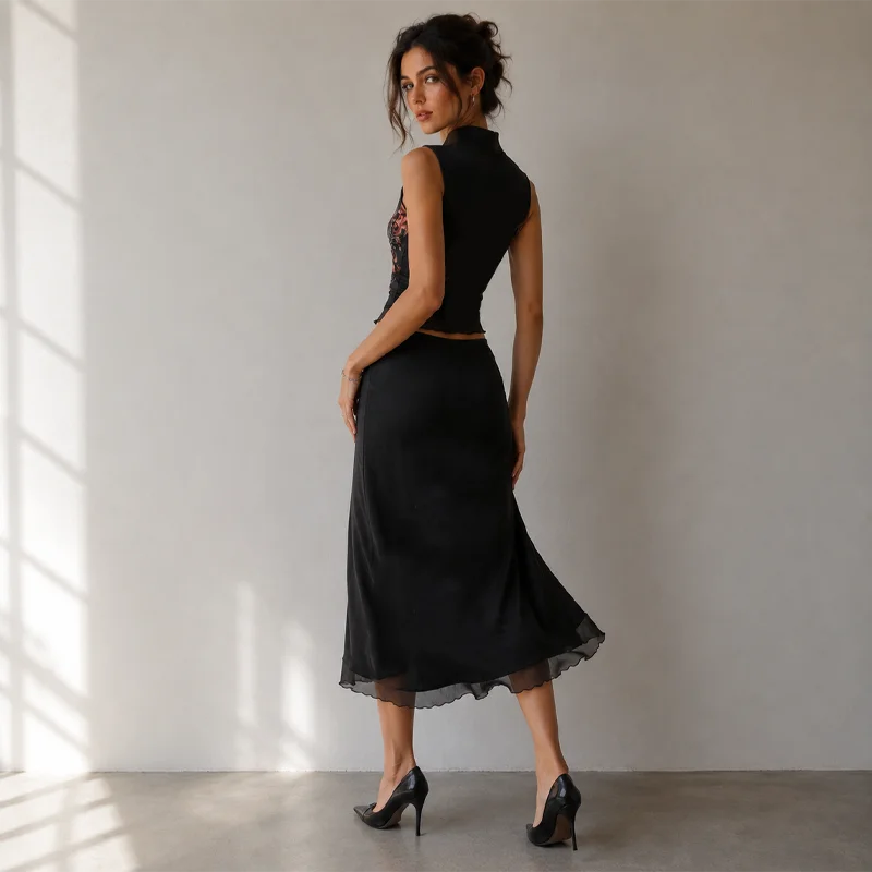 Women Chinese Style Two Piece Set Floral Embroidery Top And Midi Skirt Mandarin Collar Vintage Elegant Matching Outfit