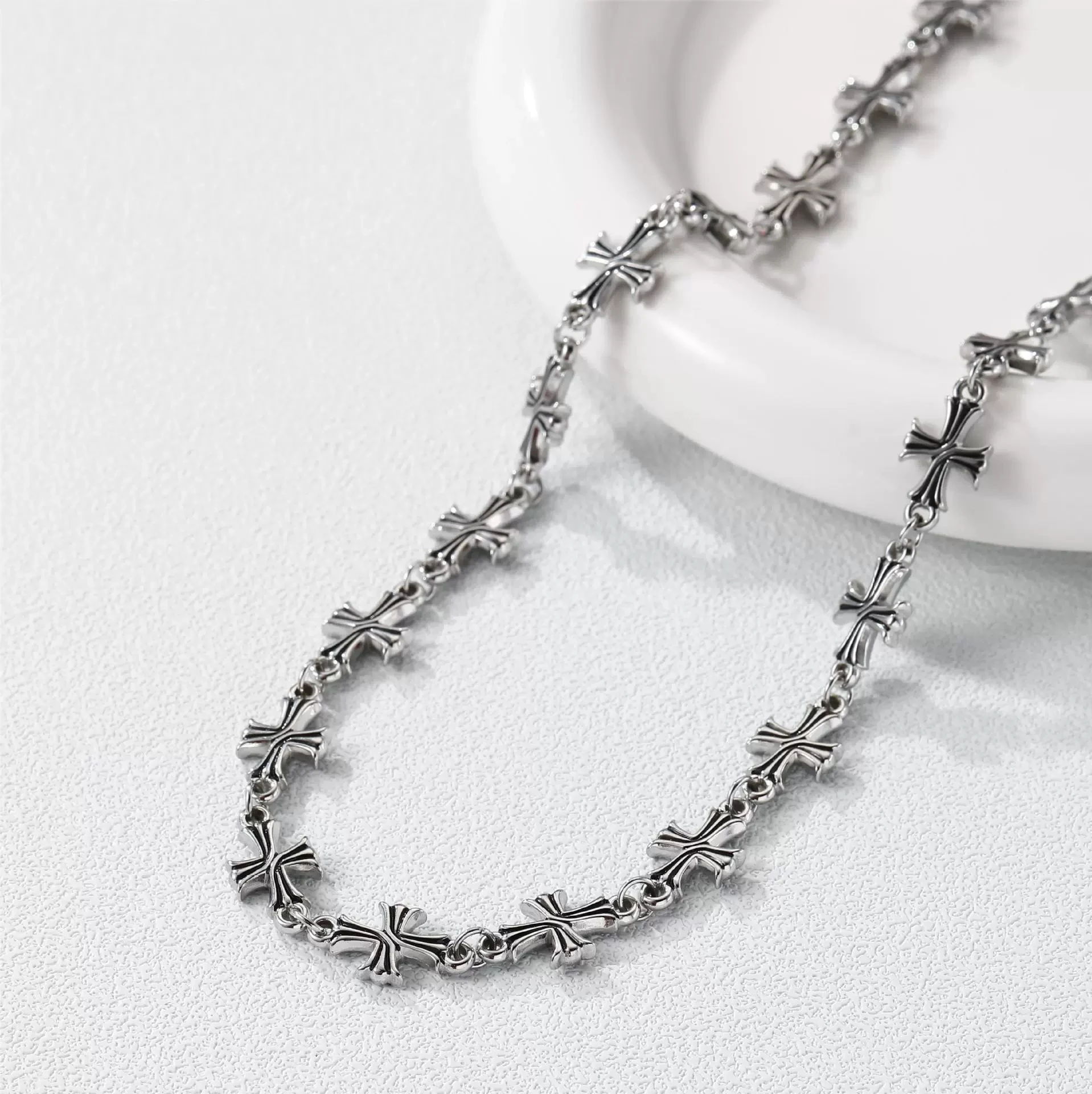 

Gothic Cross Link Chain Necklace Titanium Steel Silver Unisex Punk Hip Hop Necklace 50cm / Bracelet 21cm