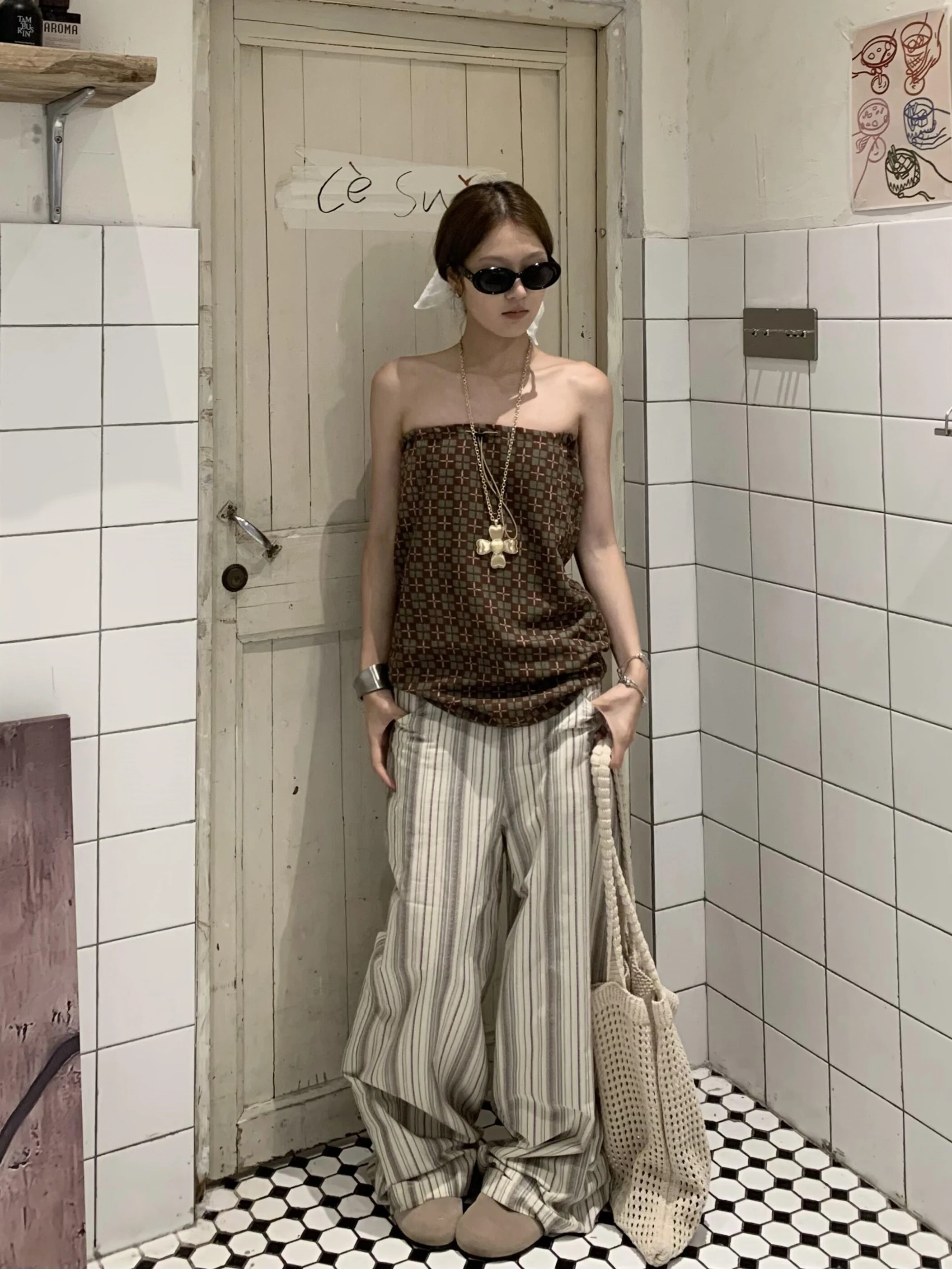 

Summer Sexy Slimming Striped Wide Leg Pants Two Piece Set Women's Plaid Drawstring Tube Top Vest Fashionable Casual Outfit