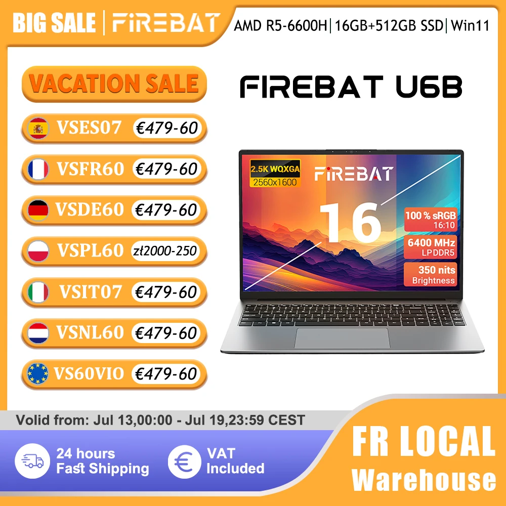 Portátil Firebat U6B, AMD R5 6600H, DDR5 16GB, SSD de 512GB, Pantalla IPS de 16 Pulgadas 2.5K 120hz, Windows 11, Tipo-C, WIFI6, Teclado Completo