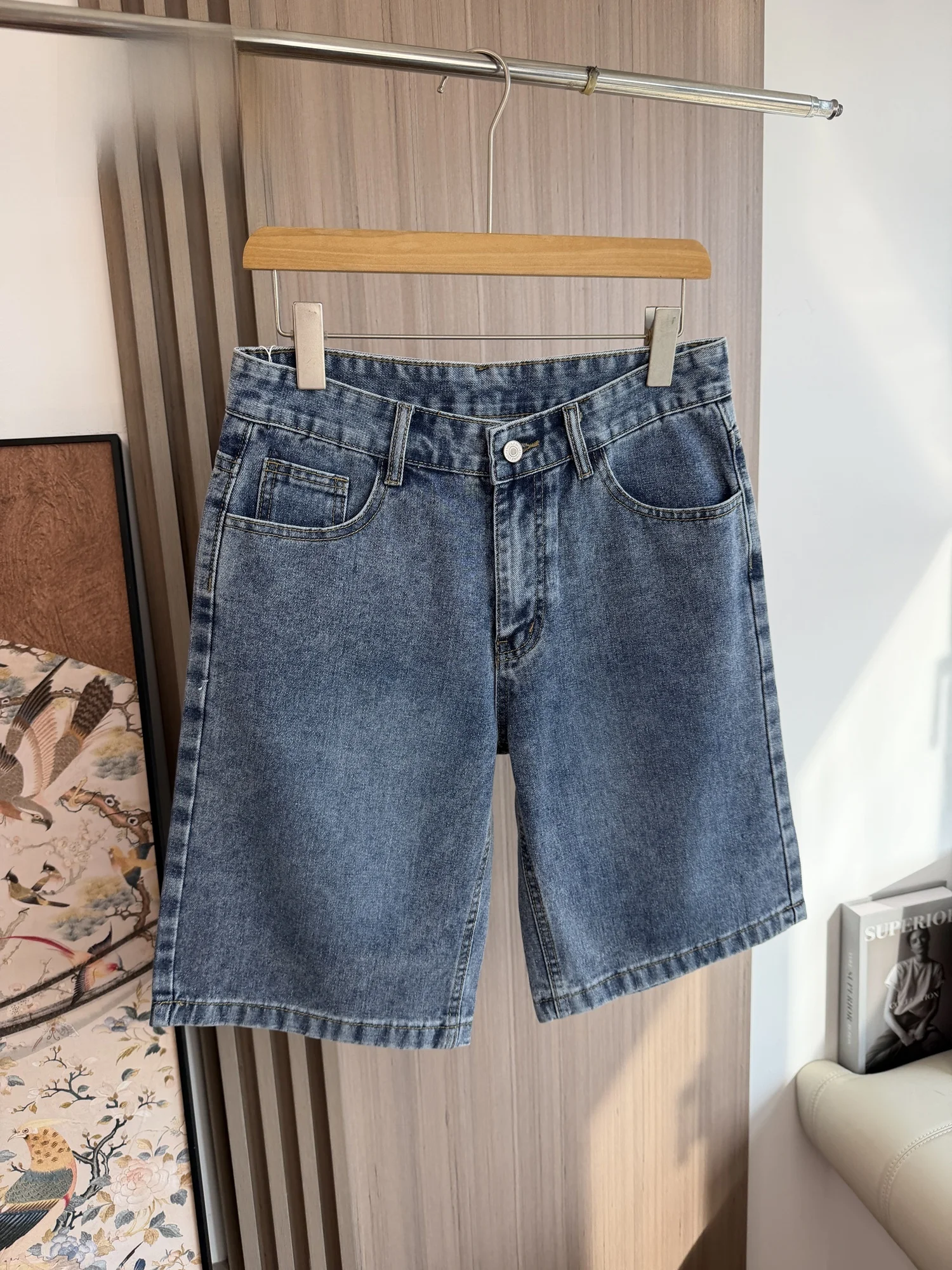 Retro Washed Lightweight Breathable Elastic Comfortable Casual Denim Shorts for Men Summer Trendy Straight Leg Loose Fit Shorts