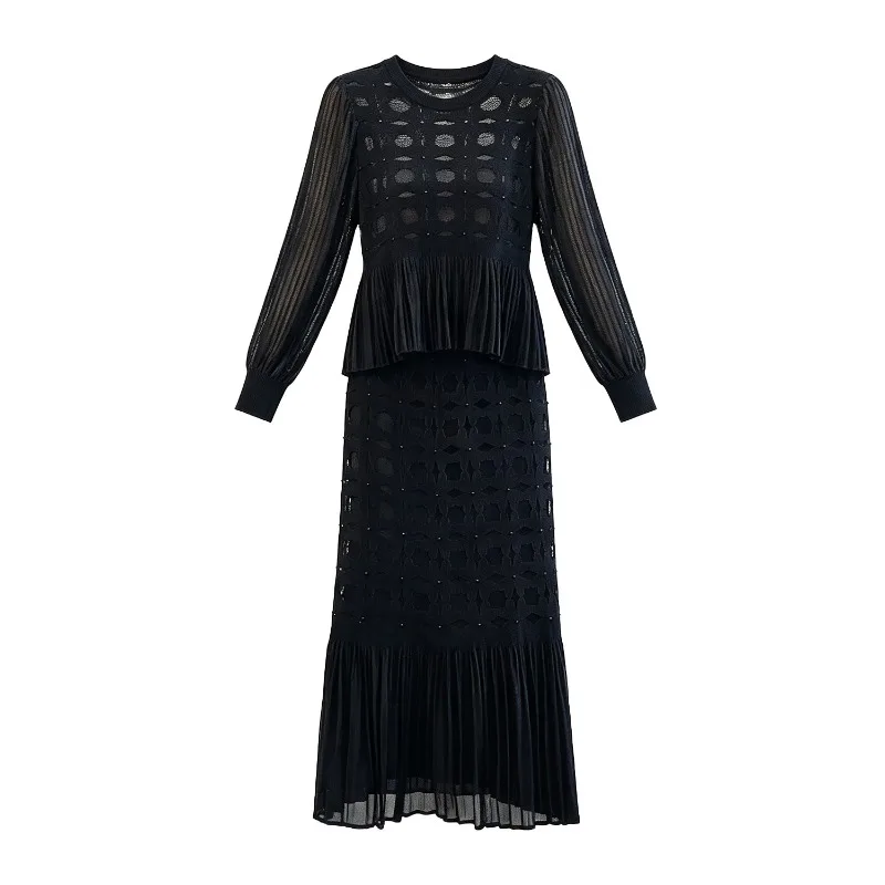 Miyake Pleated Skirt Set Plisse Women 2026 Autumn New Fold Hollow Jacquard Blouse Top High Waist Pleated Fishtail Half Skirt Set