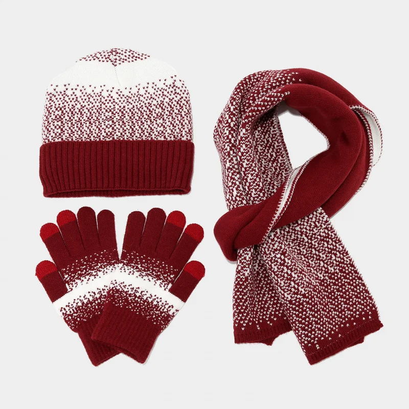 Korean Style Contrast Color Wool Knitted Hat Scarf Touch Screen Gloves 3pcs Set Autumn and Winter Women's Cold-Proof Warm Suit