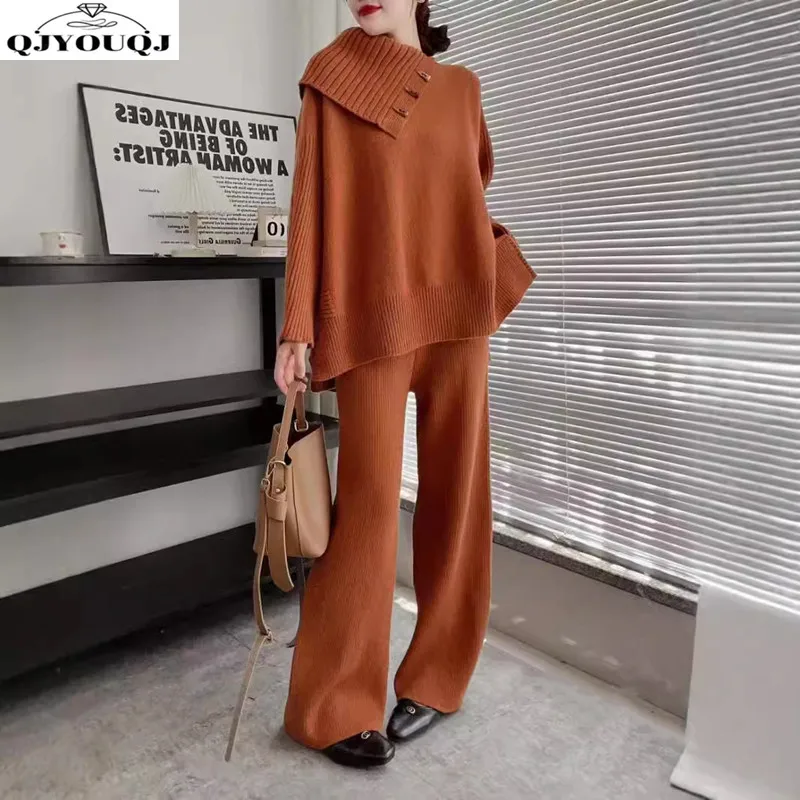 

European and American style autumn and winter new round neck lapel horn buckle pullover sweater+wide leg pants two-piece set