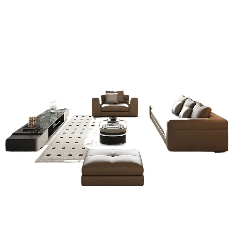 

Leather sofa Italian minimalist first-layer cowhide living room light luxury modern straight-row leather