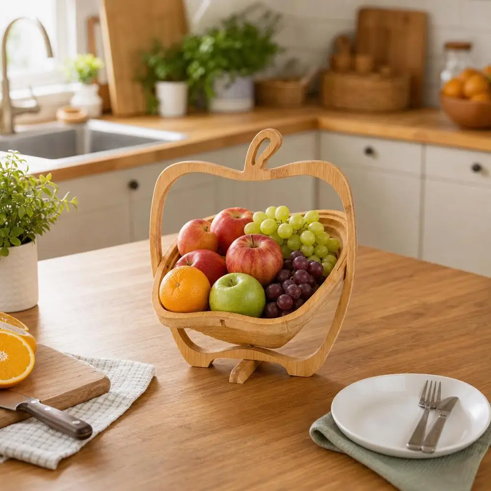 Natural Bamboo Foldable Fruit Basket Creative Apple Shaped Fruit Bowl Multifunction Heat Resistant Bamboo Trivets Pot Mat