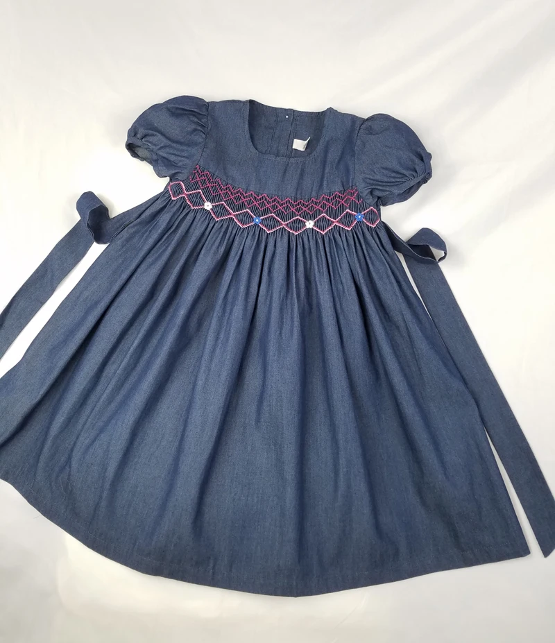 2025 Little Girl Princess Vintage Denim Smocked Dress Children Handmade Embroidery  Dresses Vestidos for 3 4 5 6 7 Years Kids