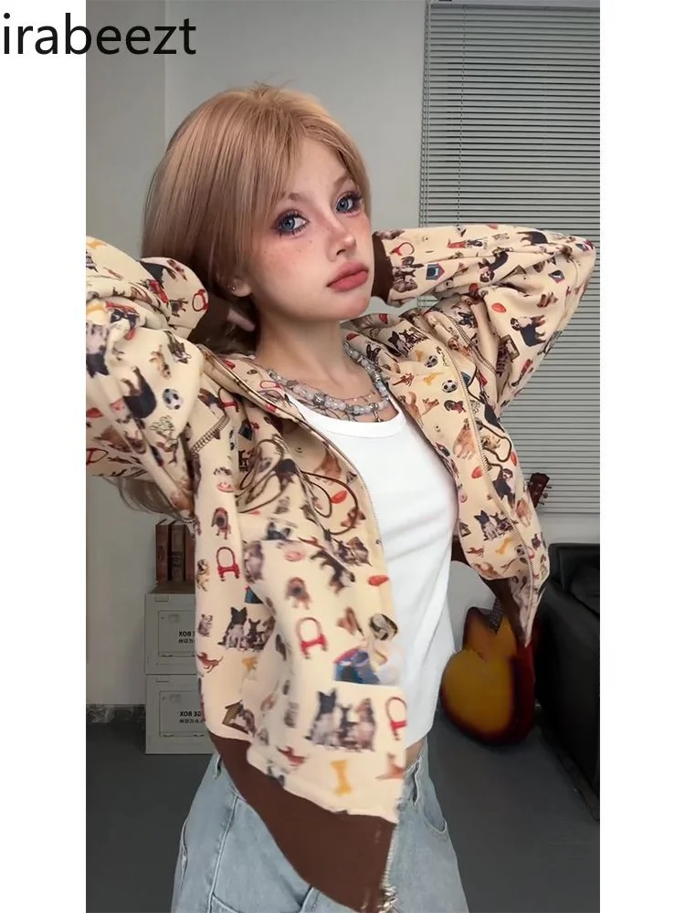 Dog Full Print Sweet Cool Cute Cardigan Woman Hot Popular Chinese Version Coat Casual Roupas Femininas Loose Zip Up Hoodie