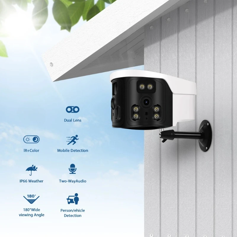 WIFI Dual Lens Panoramic Fixed Camera  4MP 180° Wide Viewing Angle Outdoor IP Camera 4MP AI Human Security Camera Icam365