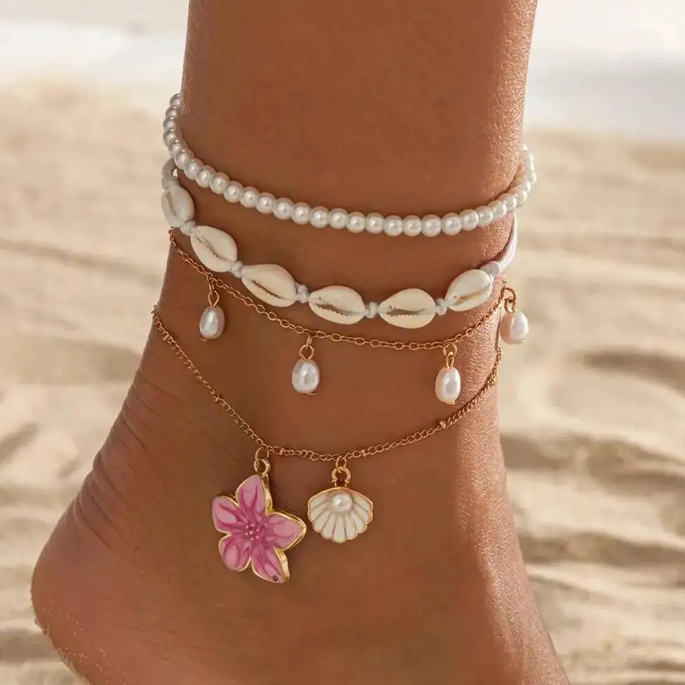 SHIXIN 4Pcs/set Boho Flower Scallop Pendant Anklet Foot Chain Women Charm Imitation Pearl Ankle Beach Vintage Foot Jewelry Gift