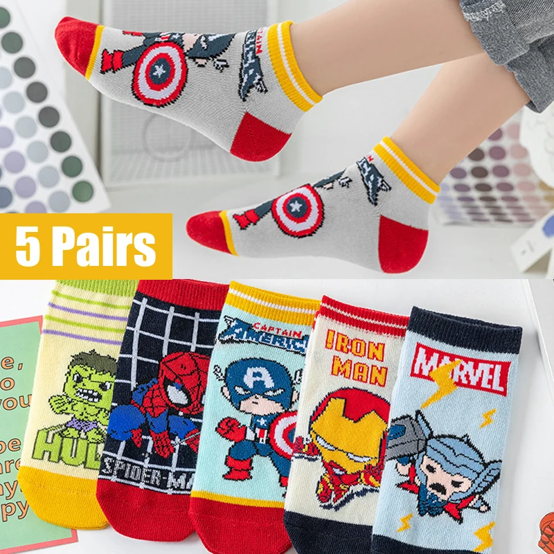 5 Pairs Spiderman Children\'s Socks Marvel iron Man Hulk Thor Anime kids Boys Short Socks Cartoon Baby Spring Summer Sock 1-12 Y