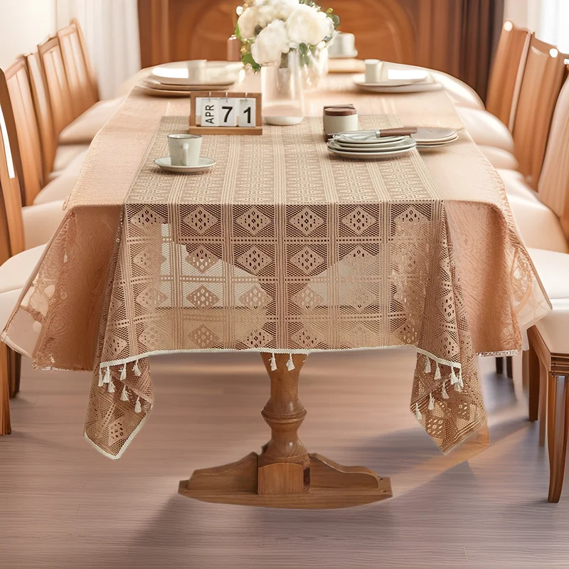 Luxury Crochet Diamond Solid Tablecloth Hollow Non-Slip Lace Table Cover for Wedding Banquet American Wear-Resistant Home Decor