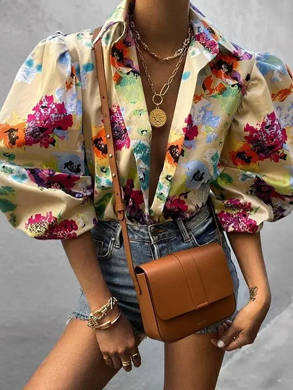 

Plus Size Stylish Floral Print Chiffon Shirts Women Elegant Loose Blouse Women Button Up Casual Lady Blouses Vintage Tops