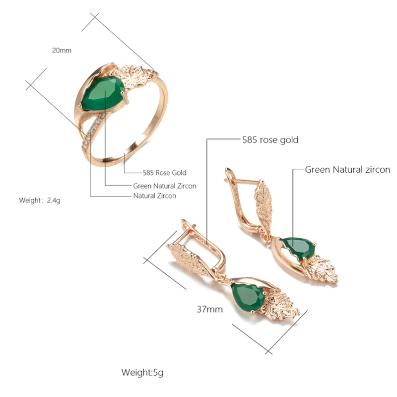 Wbmqda  Luxury 585 Rose Gold Color Leaf Long Earring Ring For Women Green Natural Zircon Setting Ethnic Wedding Jewelry Sets