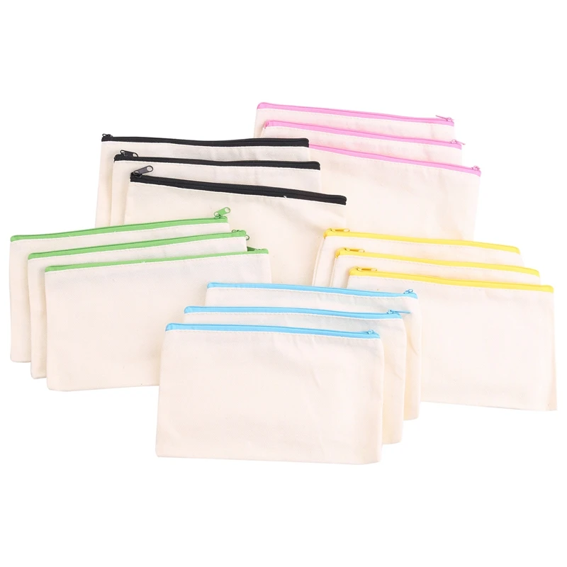 

15 Pack Blank Cotton Canvas DIY Craft Zipper Bags Pouches Pencil Case For Makeup Cosmetic Toiletry Stationary Storage