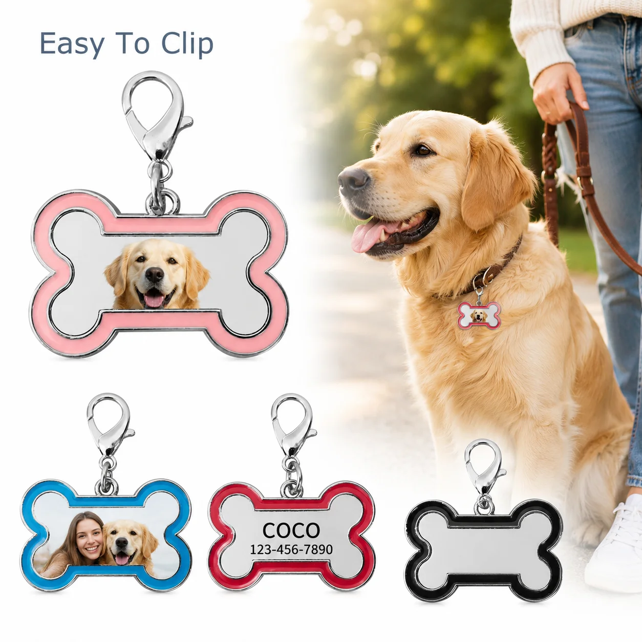 Custom Photo & Name Anti-lost Cat Pet ID Dog Collar Tag Personalized Picture Puppy Kitten Tag Pendant Cute Bone Keychain Pet Tag