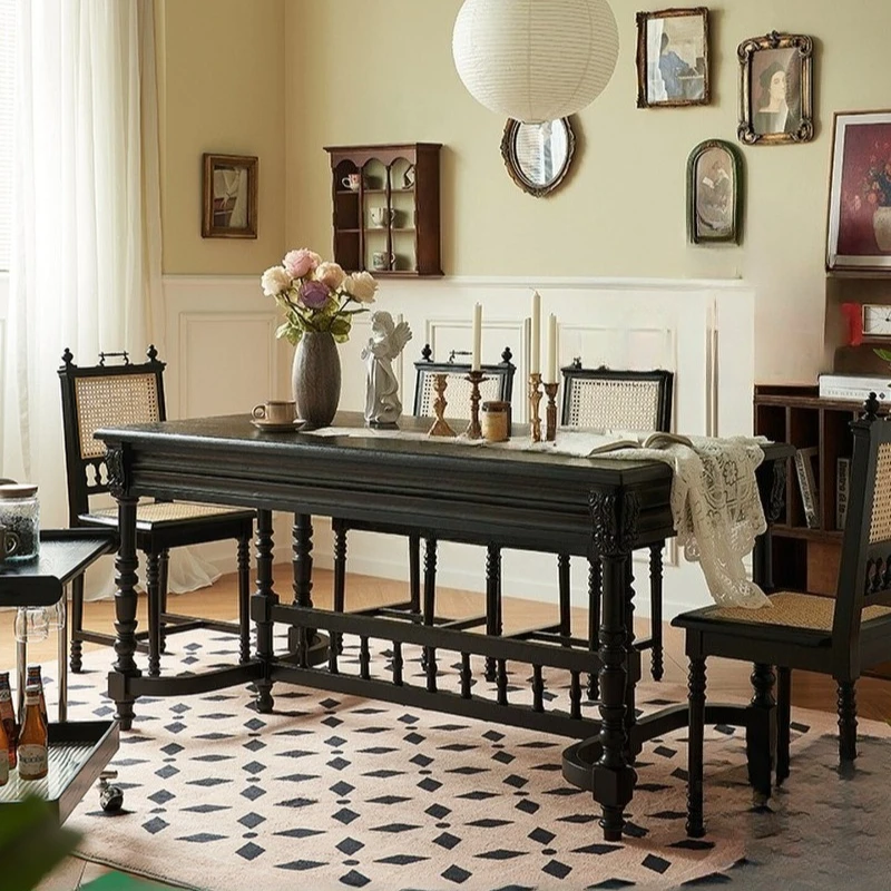 

Solid wood household rectangular American carved log dining table light luxury modern simple black square table