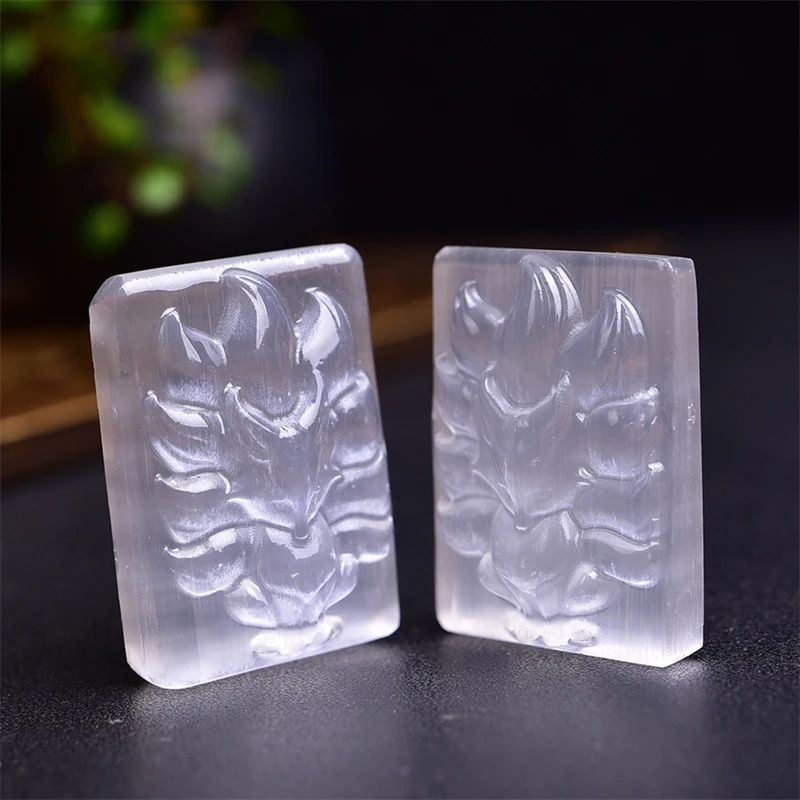 2PCS Natural Selenite Nine-tailed Fox Pendant Healing Gemstone Carved Figurine Gift Fashion Jewelry For Women Gift 38MM