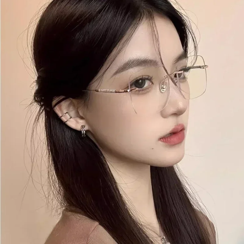 Advanced Frameless Photochromic Myopia Glasses Ladies' Fashion Square Anti Blue Light High-definition Glasses Diopter To -4.0