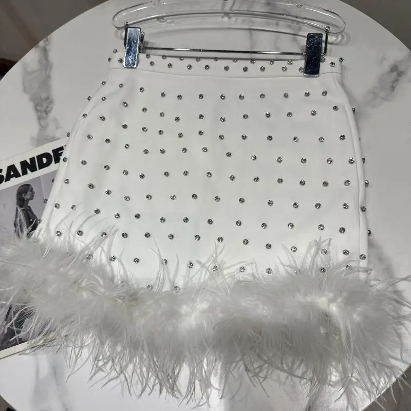 2025 Summer New Rhinestone Beaded Feather Fringe Halter Women's Sling Original Design Punk Bodycon Sexy Short Skirt Suits Ladies