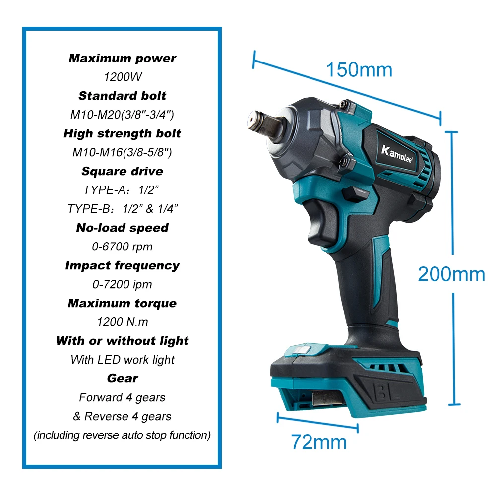 Kamolee Electric Wrench DTW500 Brushless Cordless 1200 N.m Compatible with 18V Makita Batteries