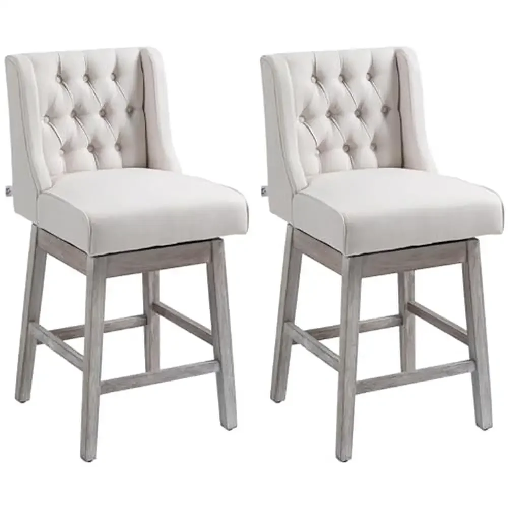 

Counter Height Swivel Bar Stools Set of 2 Button Tufted Vintage Style Solid Wood Footrests 27" Seat Height Wingback Bar Chairs