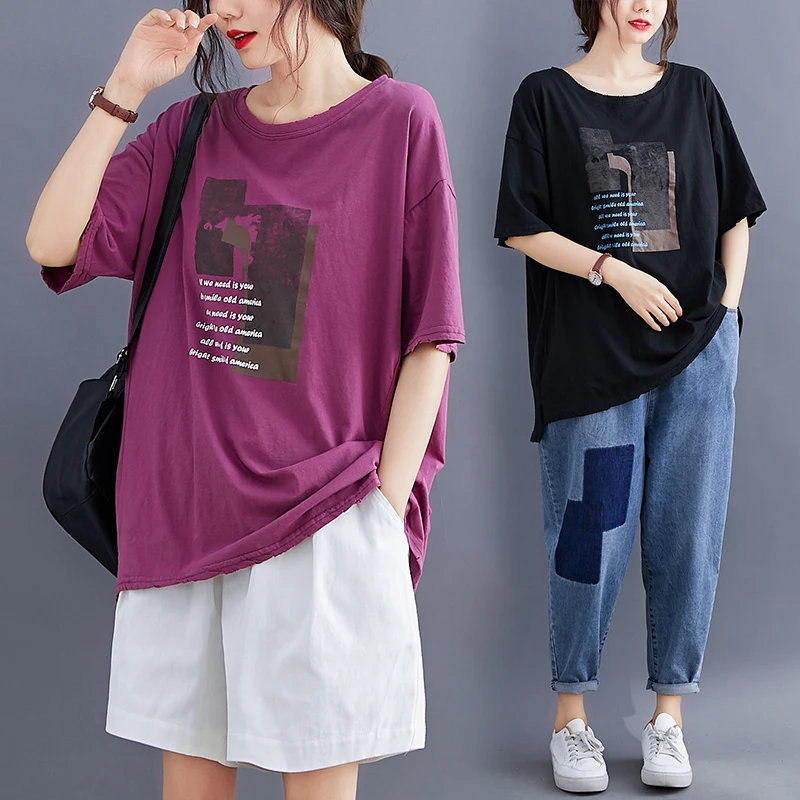 

Женская хлопковая футболка больших размеров ort Sve, свободный крой, закрывающий живот, повседневный удобный круглый топ с художественным принтом