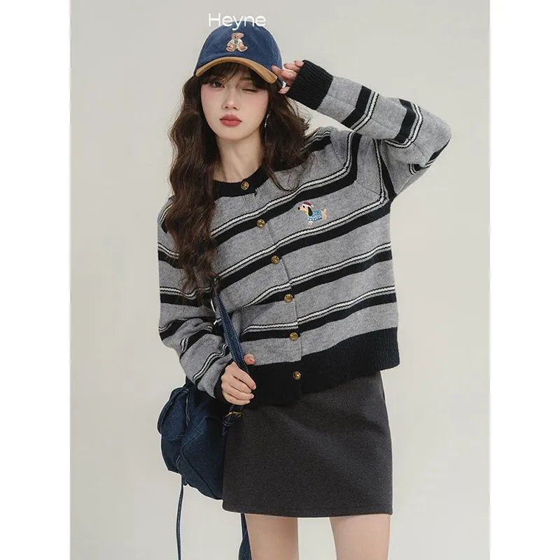 A Striped Knitted Cardigan Outerwear in 2025 Autumn/winter Featuring A Retro Dog Embroidery Color-blocking Laid-back Style Coat