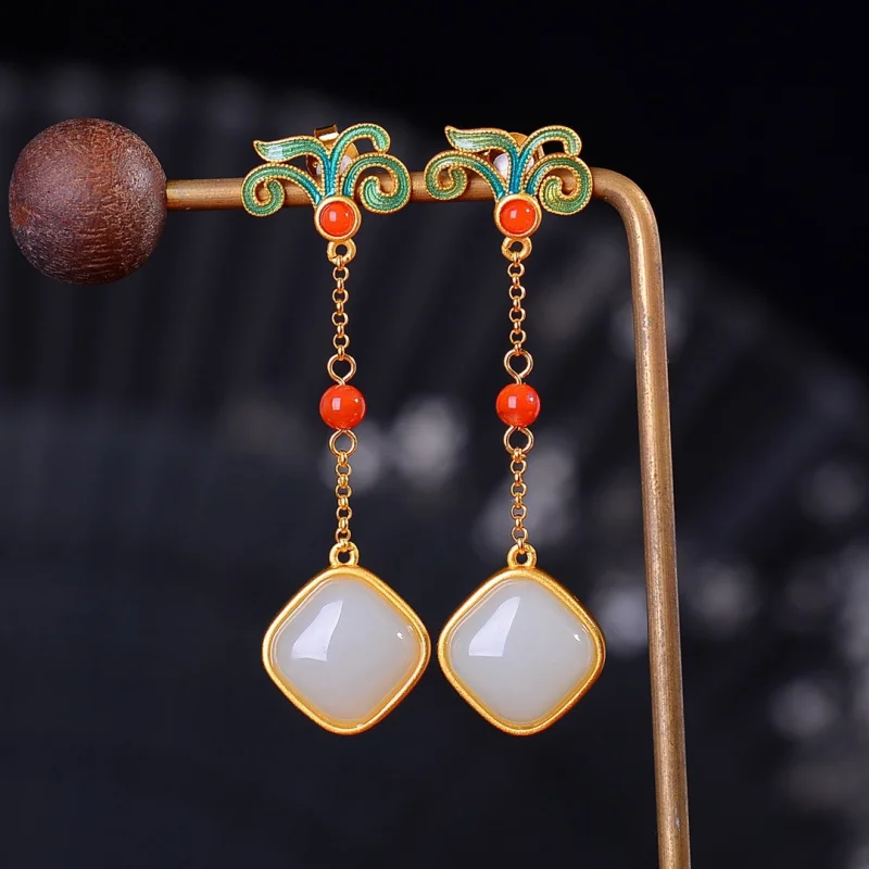 

Hetian Female S925 Silver Inlaid White Jade Drop Enamel Earrings