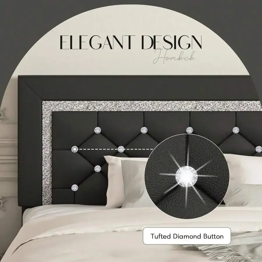 Twin/ Full/ Queen/ King Size Bed Frame, Upholstered Bed Frame With Diamond Headboard And Footboard, Pearl White/ Beige/ Black/ Grey/ Pink/ Purple/ Green