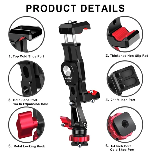 Imagen 2 del producto Manbily Abrazadera de metal para soporte de teléfono con zapata 360 ° Soporte de montaje adaptador de trípode giratorio para monitor de cámara DSLR iPhone15 Sony