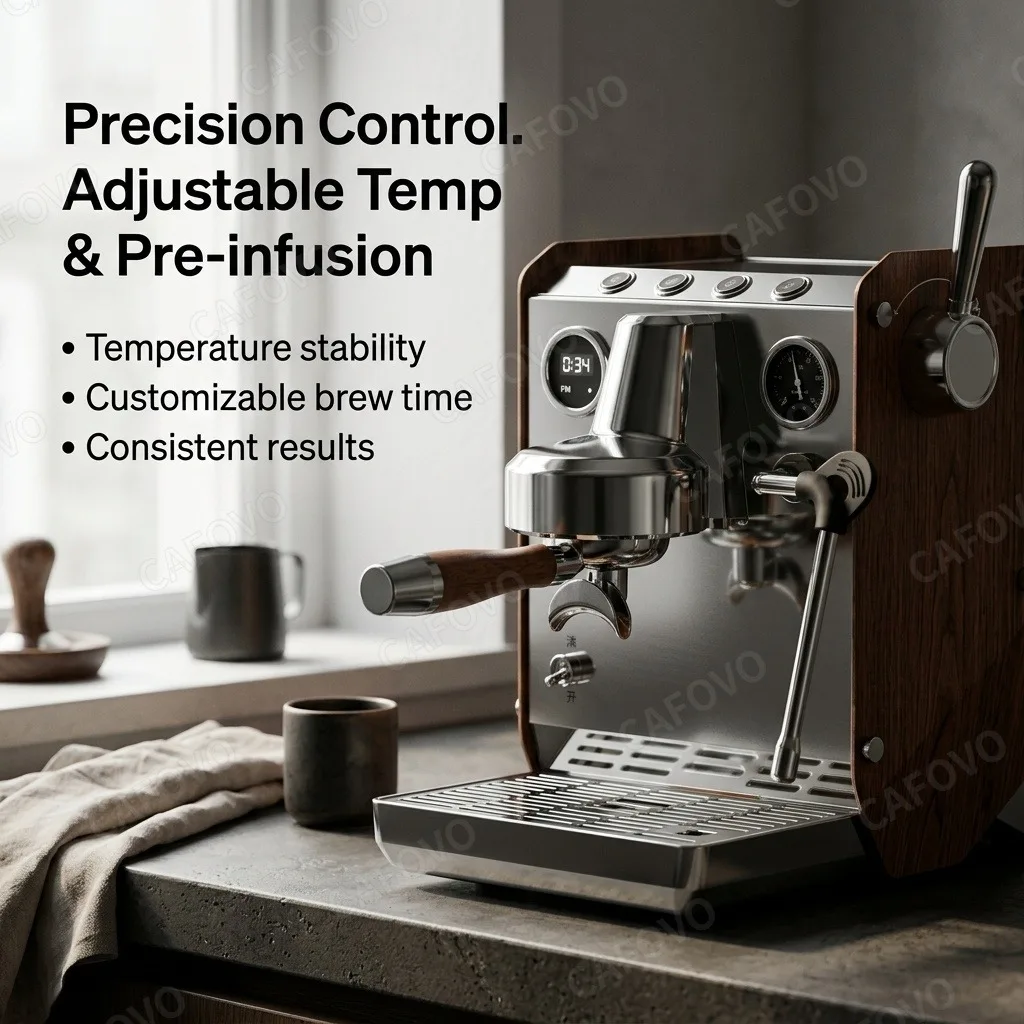CAFOVO E109: máquina de café espresso semiautomática con 9-12 bares de presión, portafiltro de 58 mm, control PID, vaporizador y 1850 W, 220 V.