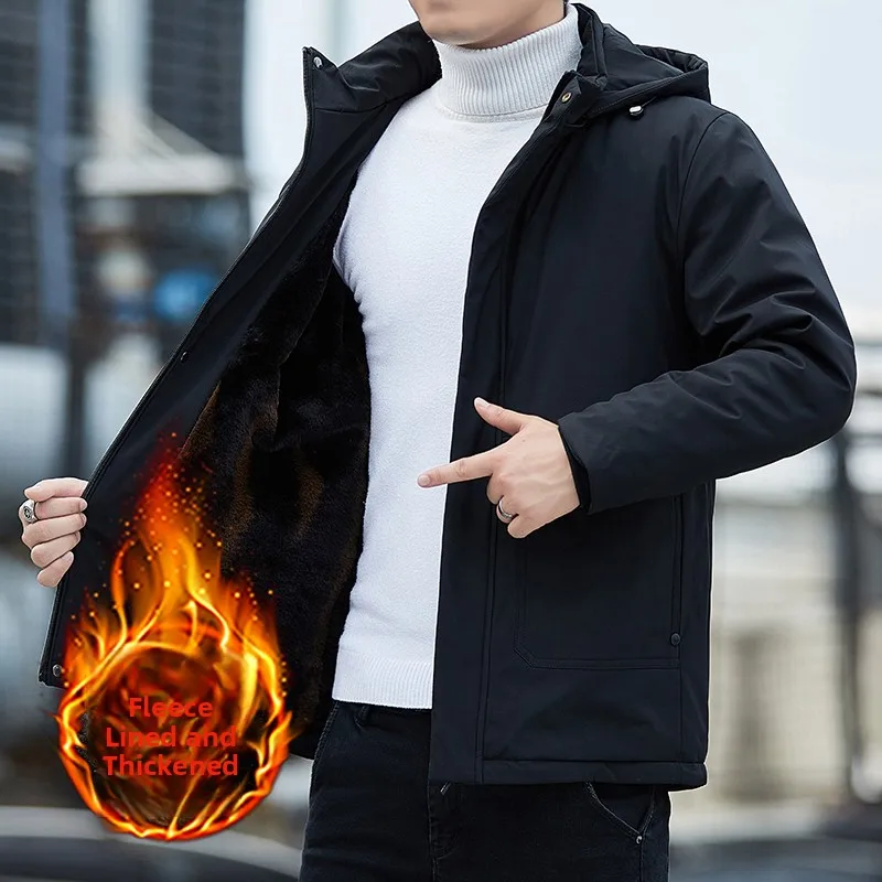 

Мужская зимняя куртка из хлопка с флисовой подкладкой, повседневная, теплая, на молнии, с капюшоном, из полиэфирного волокна, приталенного кроя, модная