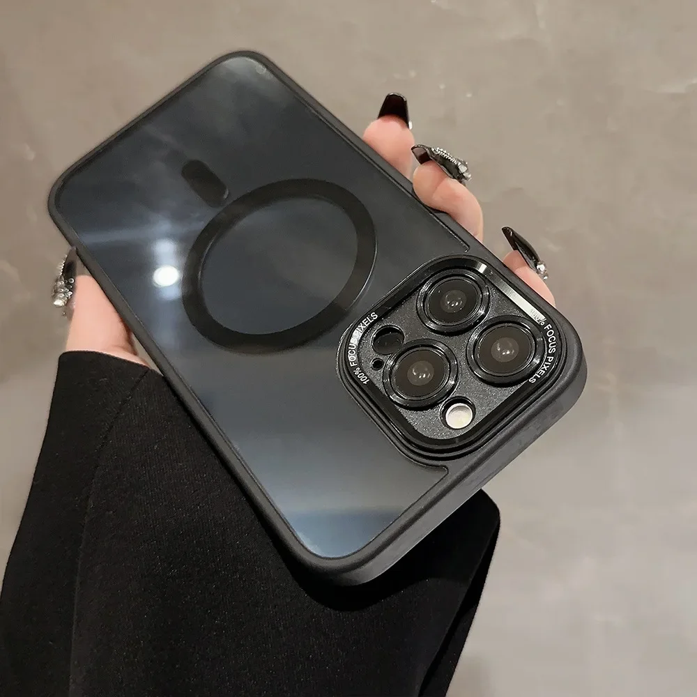 Transparent Magnetic Phone case luxury Clear Minimalism art Case For iPhone 16 15 14 13 12 11 Pro Max Case Cute Metal lens Cover