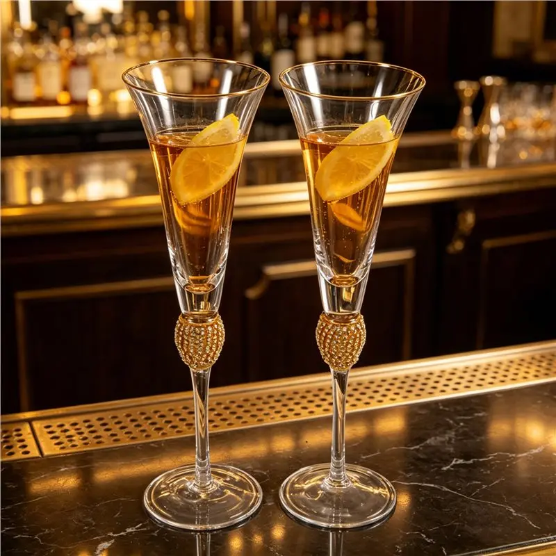 J1UL1N Diamond Decorative Crystal Gold Wine Glasses Set 2 Pcs Elegant Long Stem Champagne Flutes Cocktail Gift Glasses