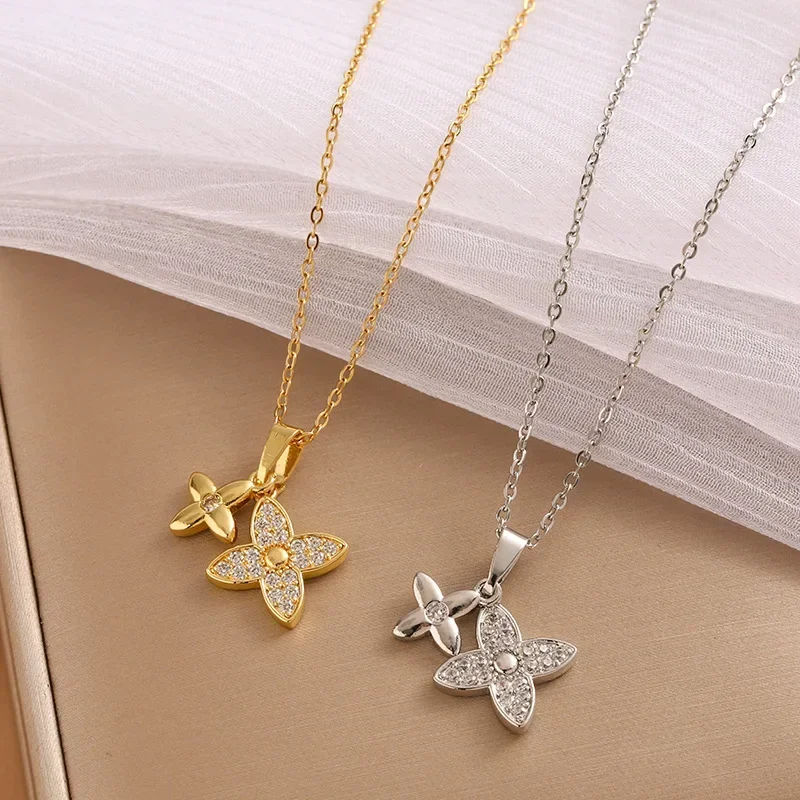 

Four-leaf flower double necklace, versatile, real gold color-preserving electroplated women's collarbone chain accessory 9527