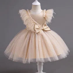 Summer Girls' New Bow Sequin Flying Sleeves Mesh Fluffy Skirt Piano Competition School Graduation Ceremony Dress